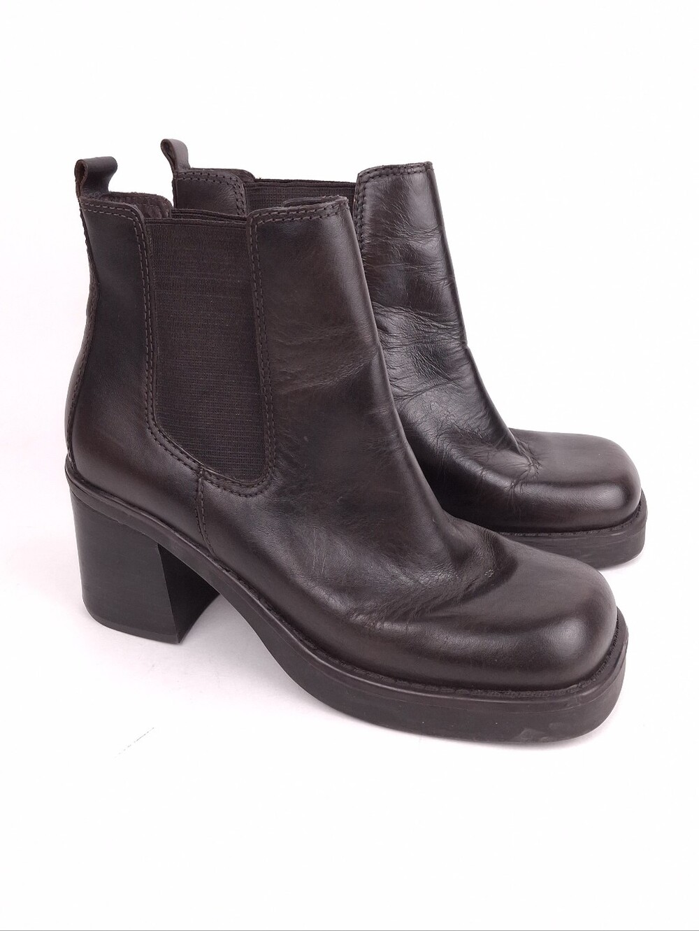 MIA vintage leather Chelsea boots 90s Y2K platform chunky heel square toe brown